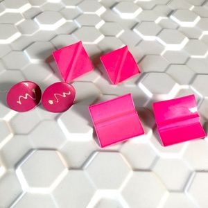 Vintage 80’s hot pink neon enamel metal earrings set of 3